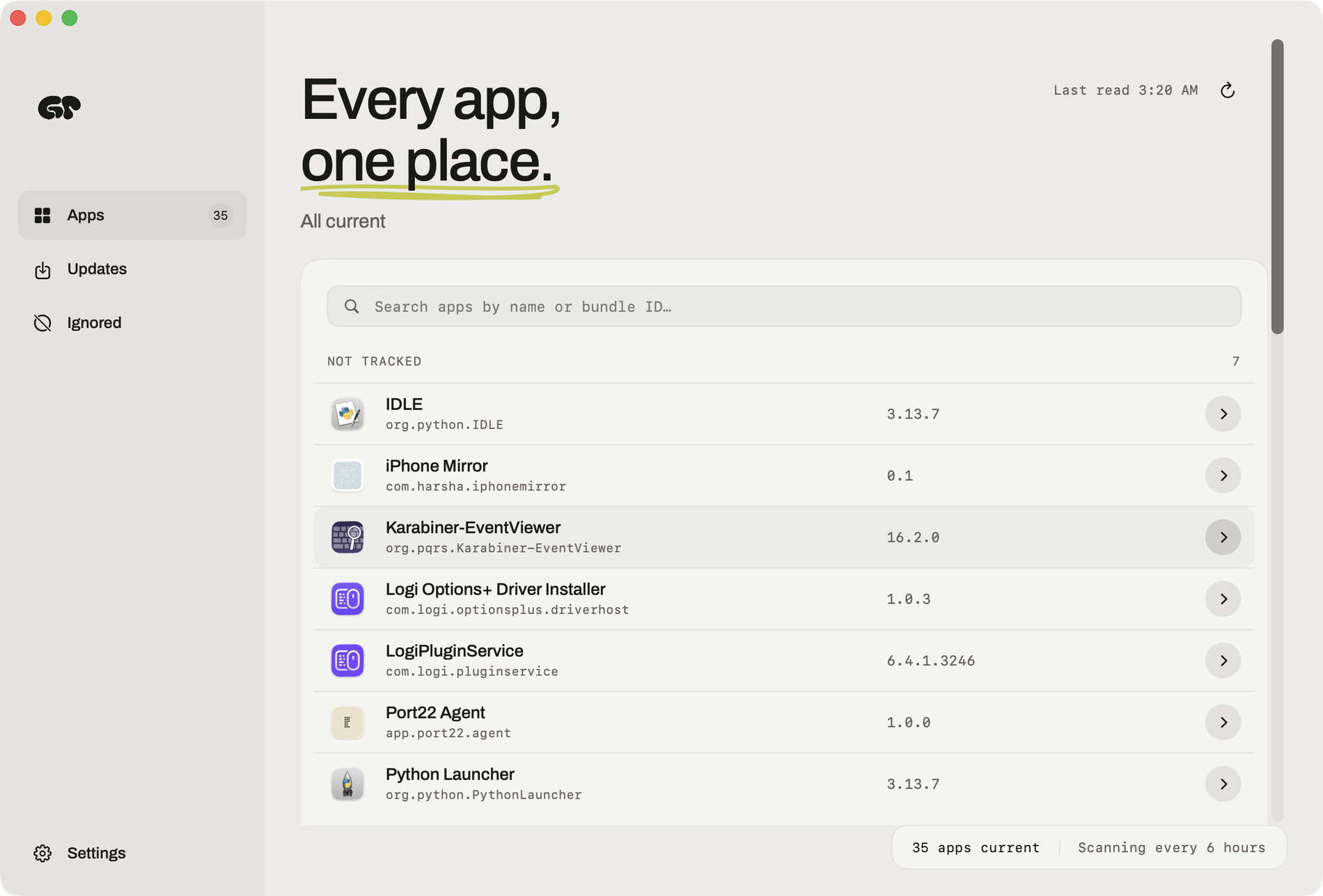 The Greypaint window: a sidebar with Apps, Updates and Ignored, beside a list of installed apps and their versions.