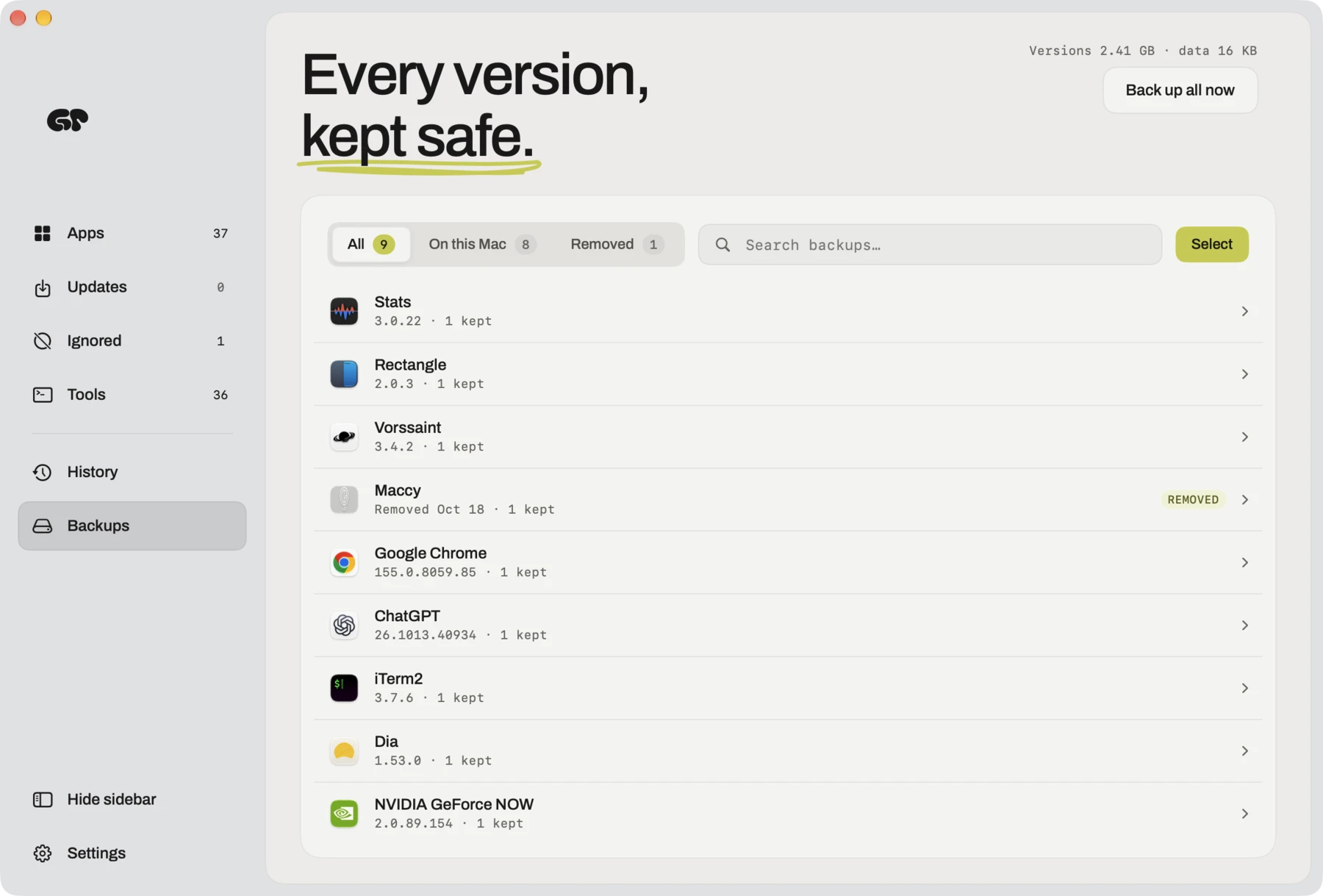 The Backups page: earlier versions and data backups for Stats, Rectangle, Google Chrome and other apps, with one removed app kept.