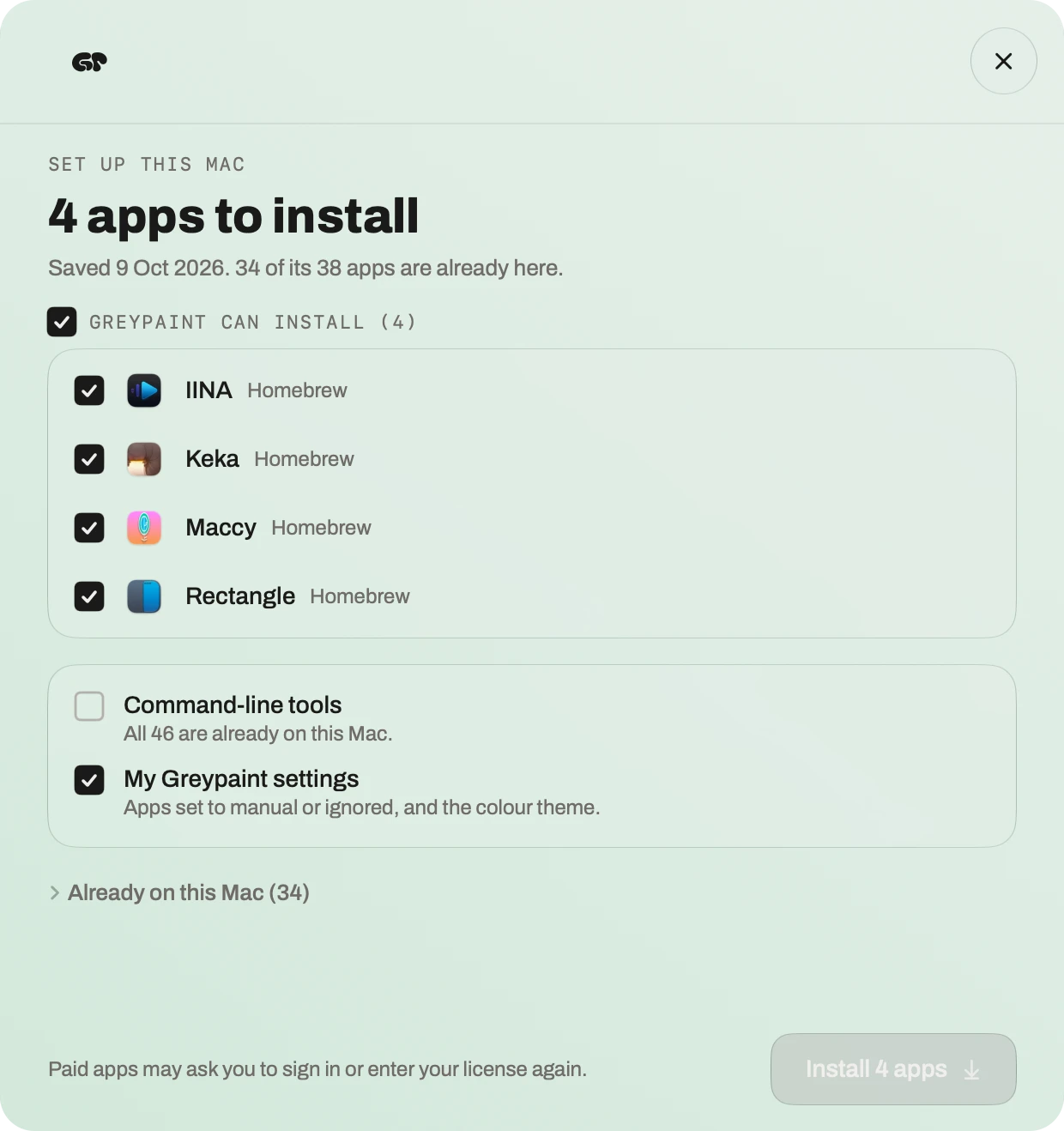 Set up this Mac: 4 apps to install, IINA, Keka, Maccy and Rectangle, each from Homebrew, with command-line tools and Greypaint settings below.