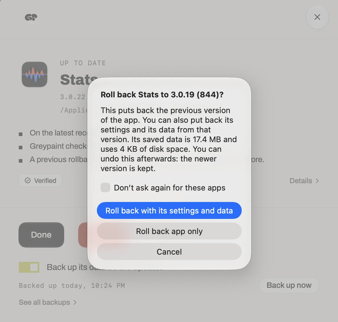 Roll back Stats to the previous version, with the choice to roll back the app only or with its settings and data.