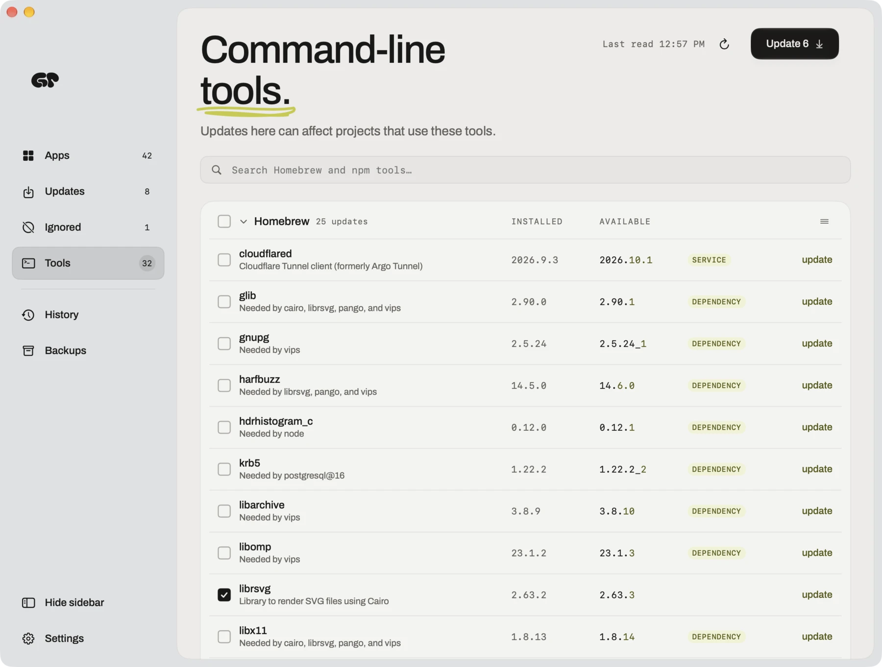 The Tools page listing Homebrew formulae with an update waiting, their installed and available versions.