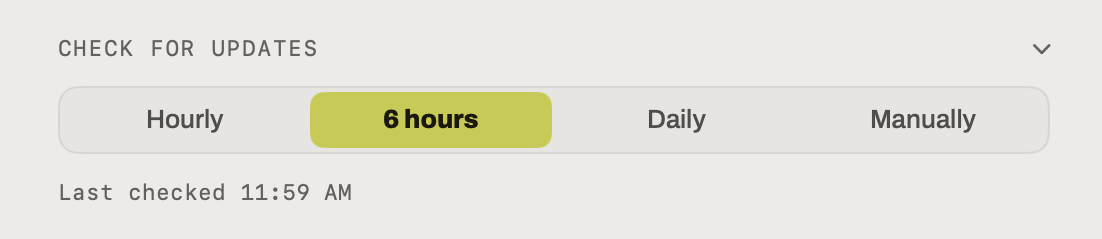 A segmented control offering Hourly, 6 hours, Daily and Manually, with 6 hours selected.